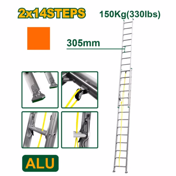 ESCALERA EXTENSIBLE - ESCALONES: 2X14 - ALUMINIO - ALTURA EXTENDIDA: 7620 MM - MÁX. CARGA: 150KG(1)/